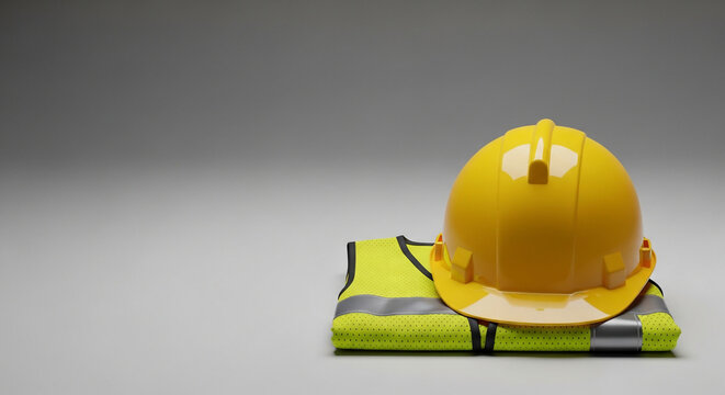 Construction worker safety equipment hard hat and hi-vis vest on a neutral background
