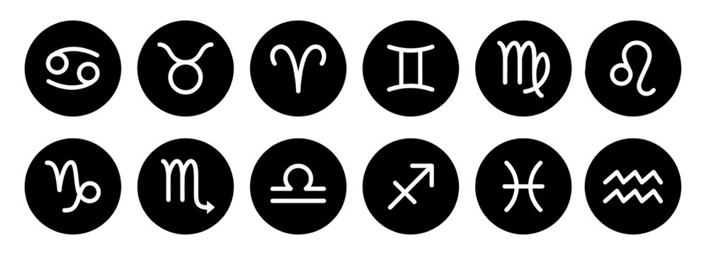 Zodiac sign icon set with astrology symbol in black circle
