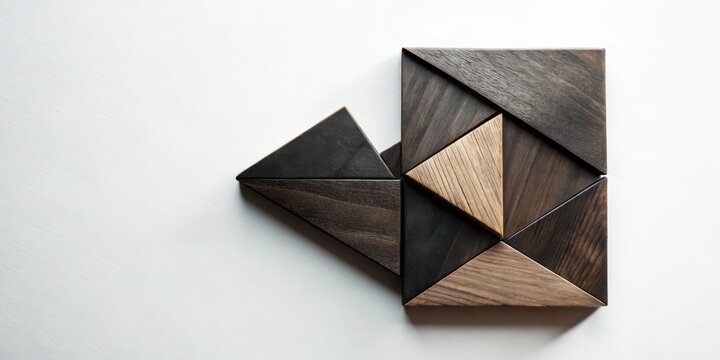 Intriguing Wooden Puzzle Geometric Shapes Arranged in a Unique Configuration, Displaying a Playful and Engaging Composition on a Simple Background