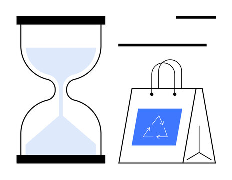 Sustainability, eco-friendly practices, recycling, waste reduction, environmental awareness, time management. Image features hourglass and bag with recycling symbol. Sustainability and recycling