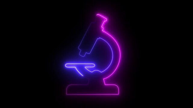 Neon microscope icon for science and laboratory research. Glowing microscope symbol representing biology, medical technology and scientific discovery.