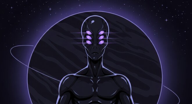 Mysterious extraterrestrial being stands before a dark planet in deep space.