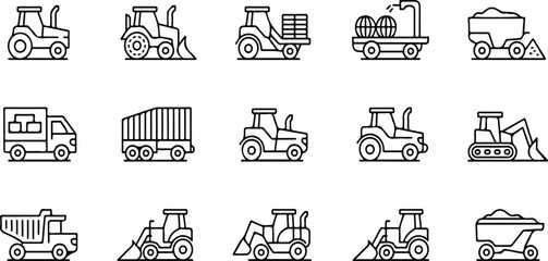 Collection of agricultural machinery and farm vehicle icons in linear style, modern farming industry equipment set in clean vector illustration © Mst