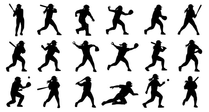 Softball player silhouettes vector set with batting pitching catching and fielding action poses