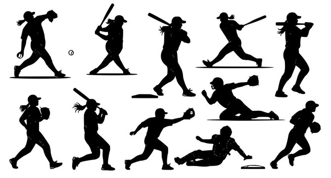 Dynamic softball silhouettes with intense action poses batting pitching sliding and game movement