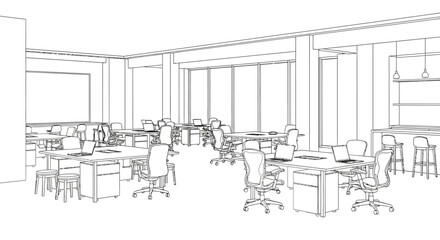 Obraz premium Line drawing perspective of a modern open-plan office interior with multiple workstations, chairs, and a small break area.