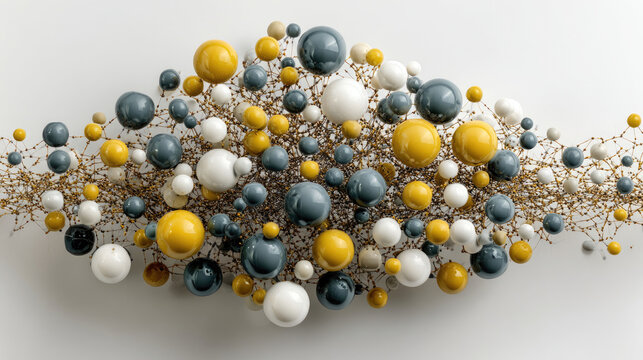 Abstract arrangement of colorful spheres with delicate floral accents on white.