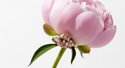 Obraz premium Pink peony with morganite and diamond ring for romantic wedding floral background and bridal jewelry banner design