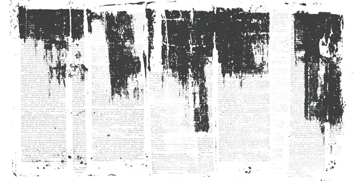 Distressed gray grunge overlay on vintage newspaper text and scattered dots. Newspaper text with large grey ink blotches and distressed edges print vintage retro