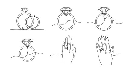 Fototapeta premium Set of detailed line art wedding ring and diamond engagement ring illustrations with hand