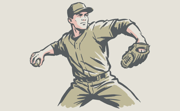 Vintage baseball pitcher illustration for sports apparel and t-shirt design. Retro athlete throwing a ball vector artwork for poster.