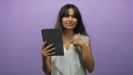 Hispanic woman holding black tablet and pointing to chest in studio with purple backdrop  self doubt. © Krakenimages.com