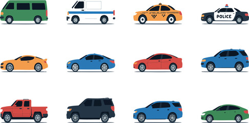 Car icons collection in flat style featuring urban city vehicles, transport concept with different automobile models isolated on white background vector illustration © Mst