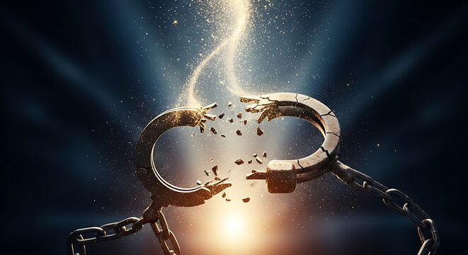 Broken handcuffs with light burst symbolizing freedom and liberation