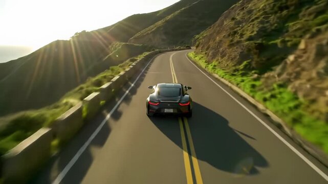 Cinematic aerial drone video of a sleek dark sports car on a winding coastal road at golden hour, sunburst flare, lush green hills, vast sapphire ocean. Pristine scenic road trip adventure