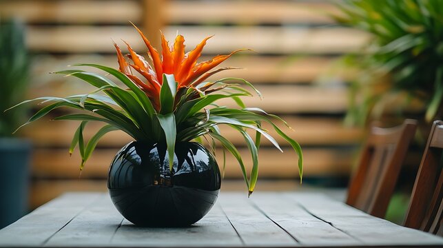 Beautiful orange bromeliad plant in a black pot on wooden table