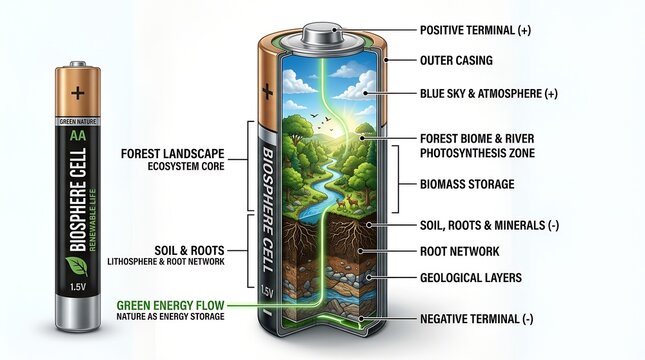 Battery cross section containing forest landscape layers inside, green energy nature power storage concept