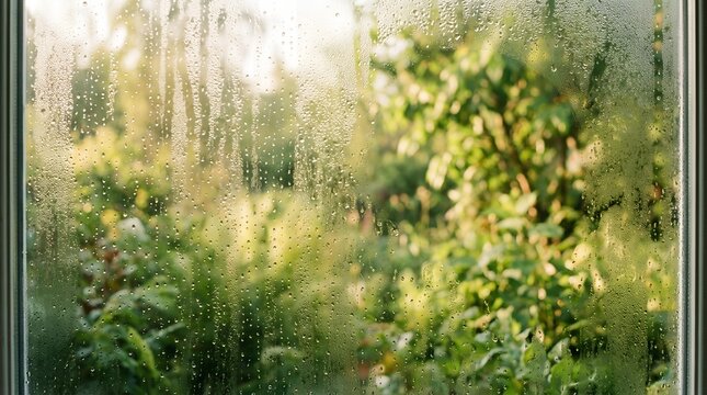 Morning condensation on glass with blurred green garden beyond, fresh dreamy soft focus background