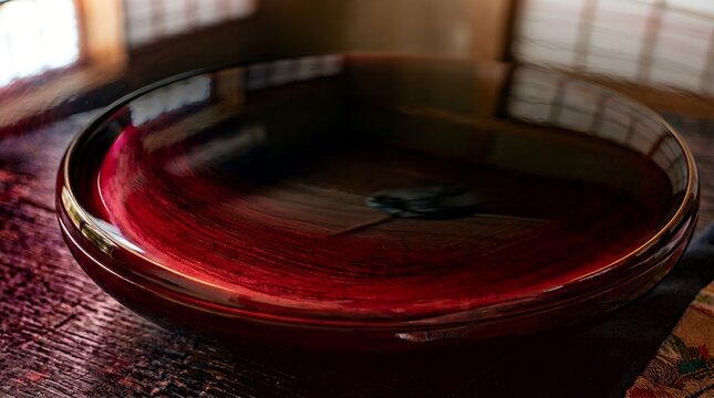 Japanese urushi lacquer surface deep tamenuri finish showing layered depth, artisan luxury craft macro texture