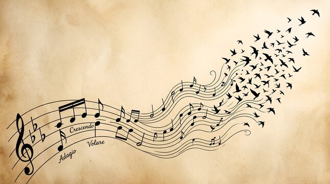 Musical notes transforming into birds flying off sheet music staff lines, music comes alive poetic concept