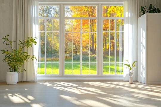 Empty sunlit room features large window overlooking vibrant autumn trees