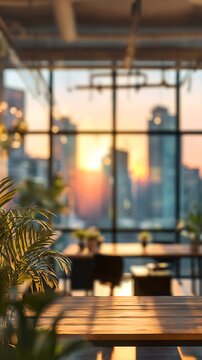 Empty wooden table with blurry cityscape at beautiful sunset through window