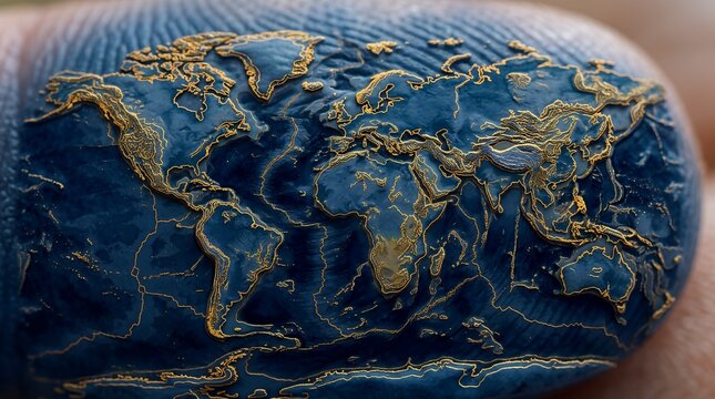 Human fingerprint ridges transforming into world map contour lines, individual global identity connectivity concept