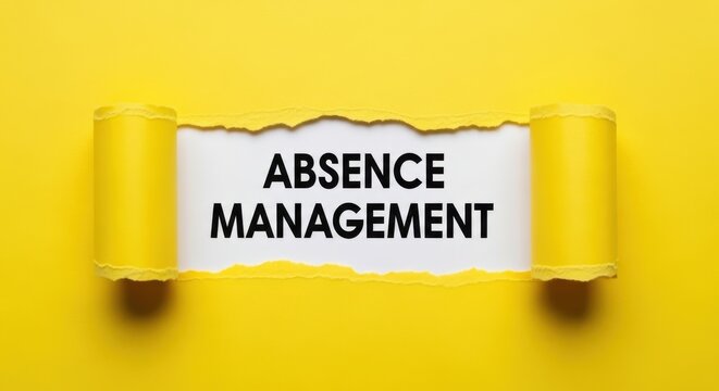 Absence Management text on white background, torn yellow paper revealing human resources concept, workplace attendance and leave tracking strategy
