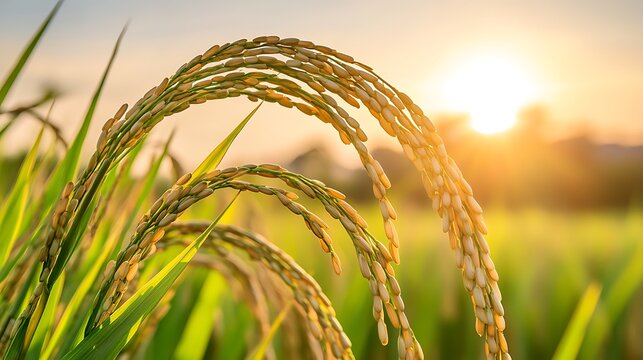 Golden rice stalks ripening under a warm vibrant sunset sky