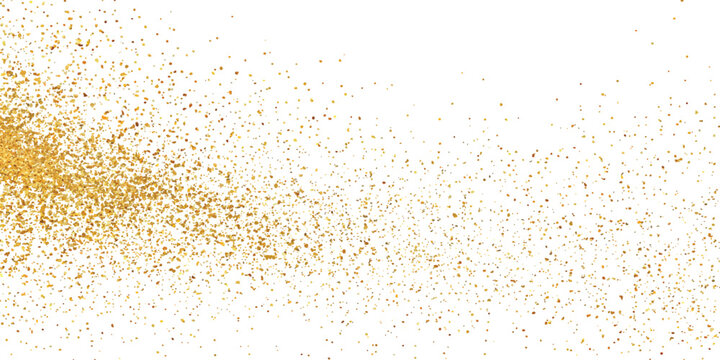 Gold particles on a white background creating a festive abstract design. Golden glitter particles on a white background.