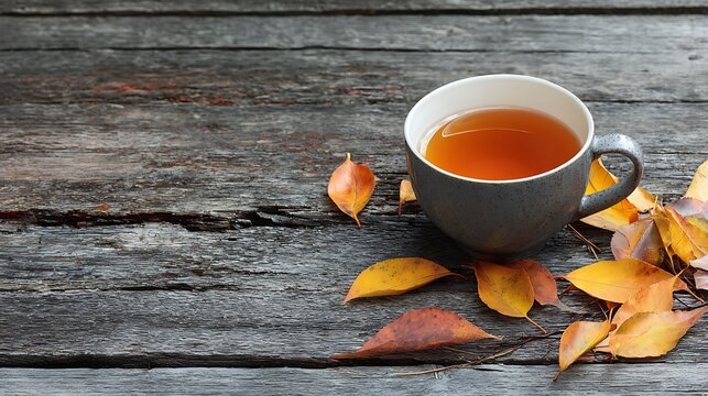 Inviting hot tea in a mug with colorful fall leaves