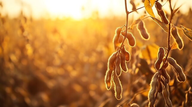 Ripening soybean pods glow in warm golden agricultural field light