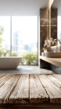 Rustic wooden tabletop with blurred bright modern bathroom interior background