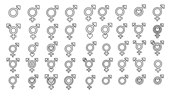 Gender symbols vector set with male female and combined icons, outlined in black on white background