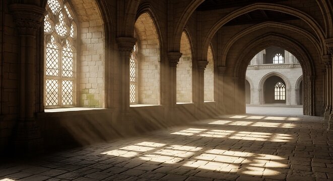 Sunlight Streaming Through Arched Windows of an Ancient Castle Hallway.