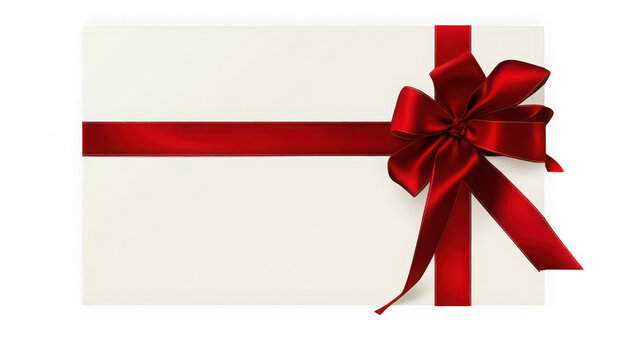 A white gift box with a red ribbon and bow on transparent background