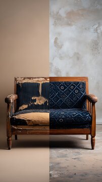 Vintage sofa restoration transformation before and after comparison view