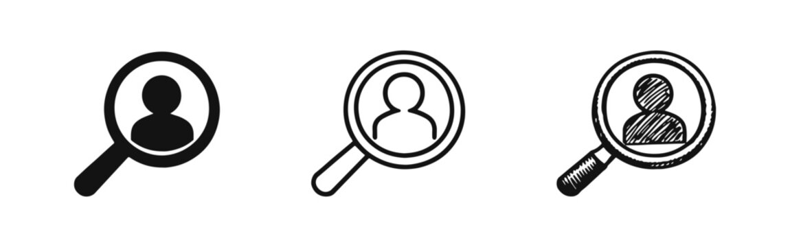 Recruiting search icon set, magnifying glass finding candidate and talent