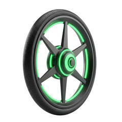 Fototapeta premium Green rimmed bicycle wheel with silver spokes and hub isolated on transparent background