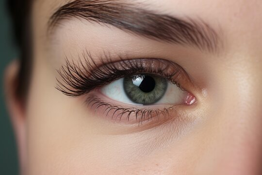Close up of beautiful green eye with long, thick eyelashes, highlighting the results of eyelash extensions or other cosmetic enhancements