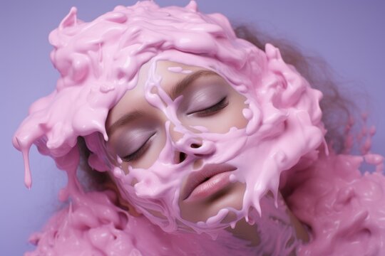 Beauty portrait of caucasian woman with closed eyes covered in dripping pink cream