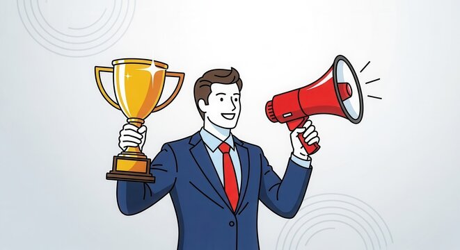 Smiling businessman holds a golden trophy and a red megaphone to celebrate professional success.