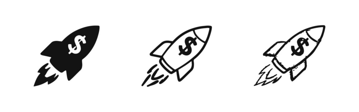 Business profit and money growth icon set, rocket with dollar symbol for startup success