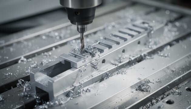 Medium shot of precision machining process creating short optic rail segments focusing on drill alignment and cutting details on a metal workpiece.