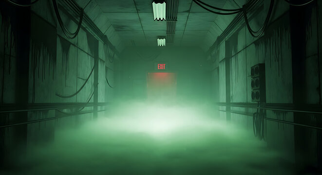 A dark and eerie abandoned hospital corridor with green fog and exit sign