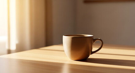 Fototapeta premium Close up of a coffee cup on a wooden table with window light