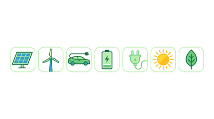 Sustainable energy icons including solar panel, wind turbine, electric car, battery, plug, sun, and leaf. © MuhammadAbdulJalil01