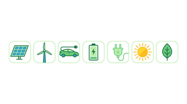 Sustainable energy icons including solar panel, wind turbine, electric car, battery, plug, sun, and leaf.