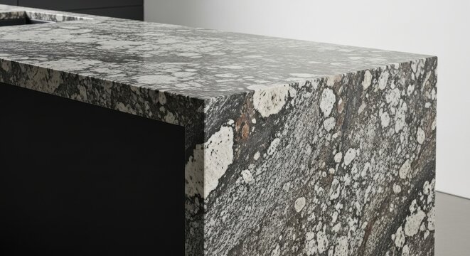 Close-up of a rough-hewn granite countertop showcasing intricate mineral inclusions and natural stone texture