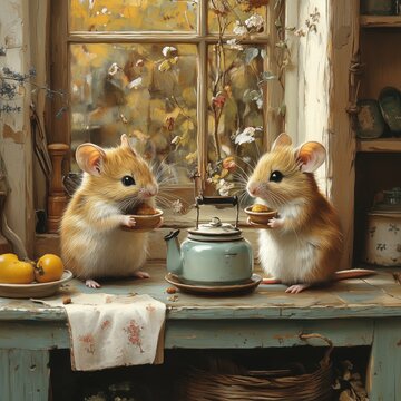 Two mice are sitting at the table and eating food